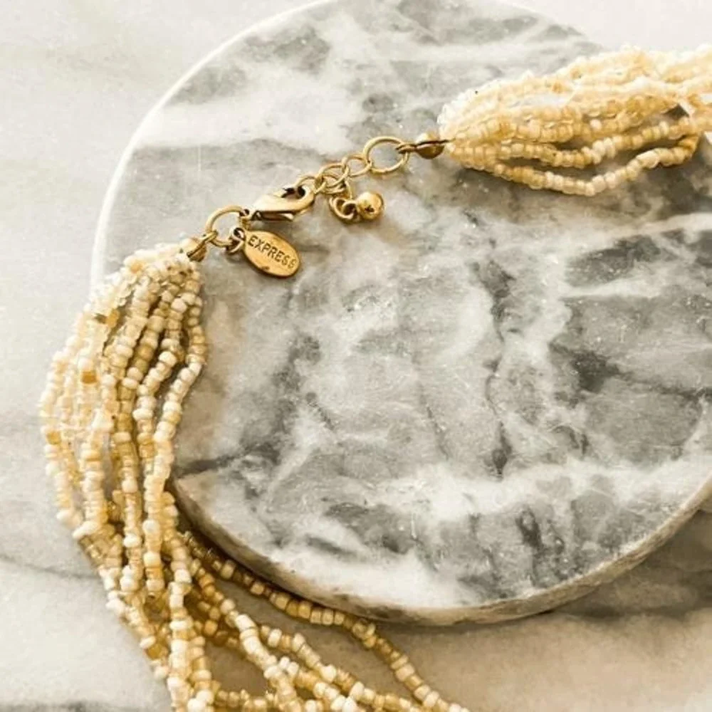 Y2K‎ Express Beaded Pendant Necklace | Cream Seed Beads + Round Medallion